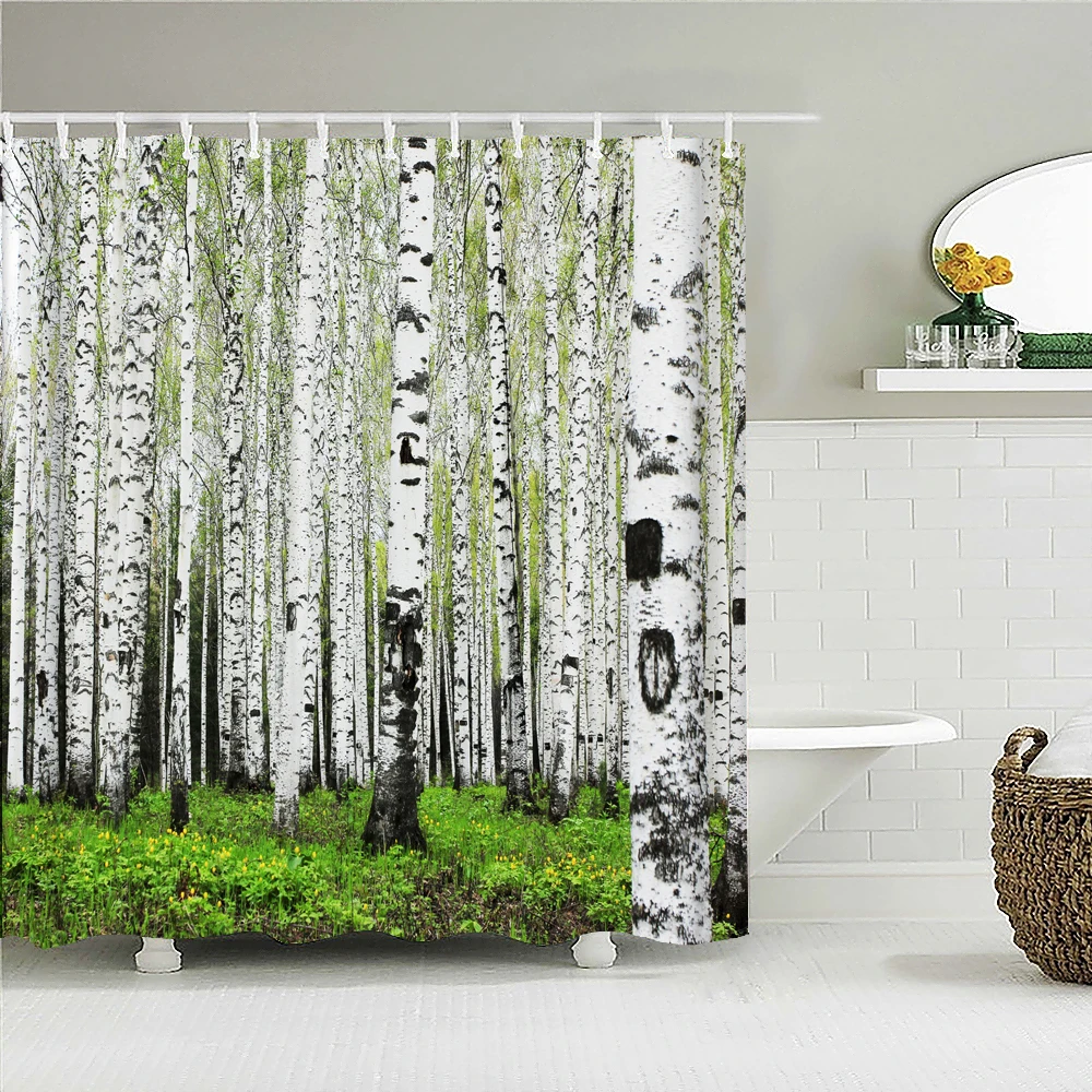 

Занавеска для душа из ткани «березовый лес», водонепроницаемые шторы для ванной с принтом природного ландшафта, с крючками, украшение для ванной комнаты