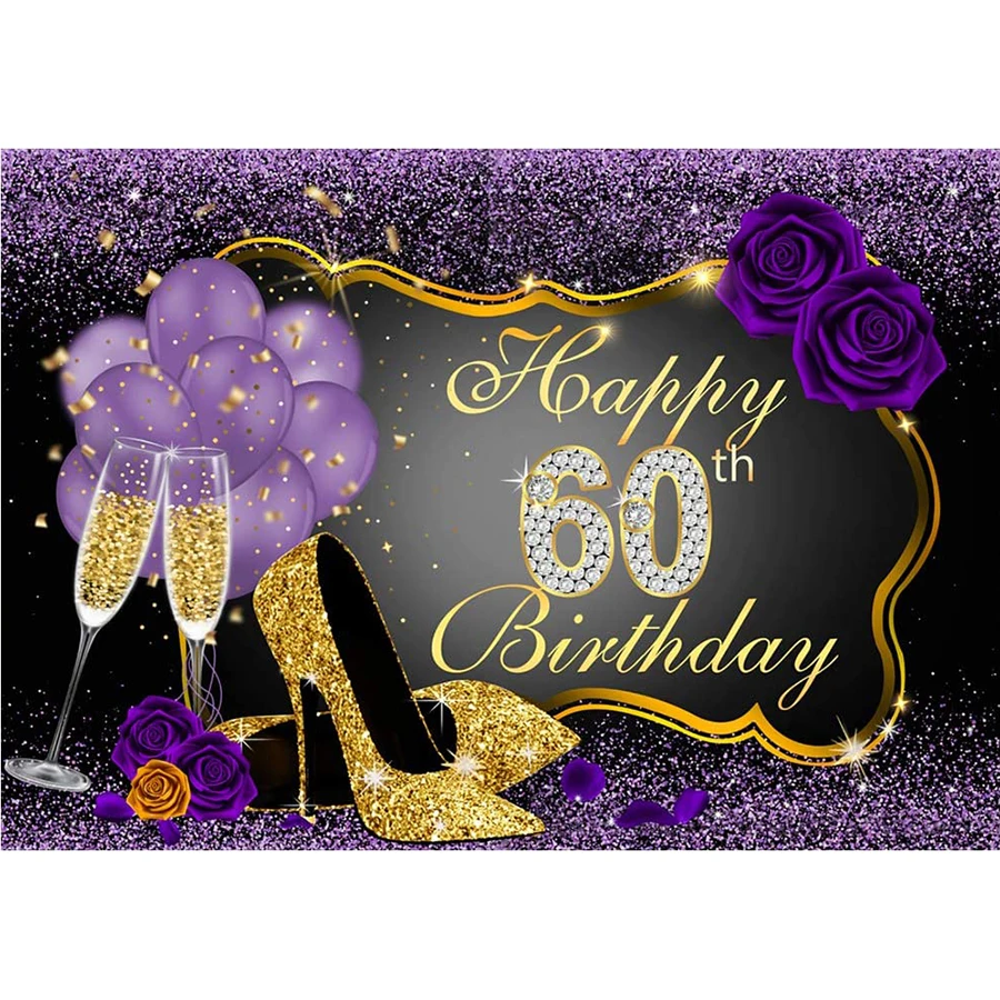 60th Birthday Photography Backdrops Shining Purple Dots Gold Frame Background Rose Floral Balloons Heels Champagne Party Banner
60th Birthday Photography Backdrops Shining Purple Dots Gold Frame Background Rose Floral Balloons Heels Champagne Party Banner