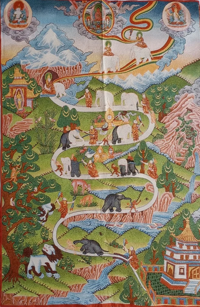 

36-дюймовая тибетская вышитая ткань, шелковая буддистская тоновая карта и девять отцентрованных тандка Фреска тханка Будда, домашний декор