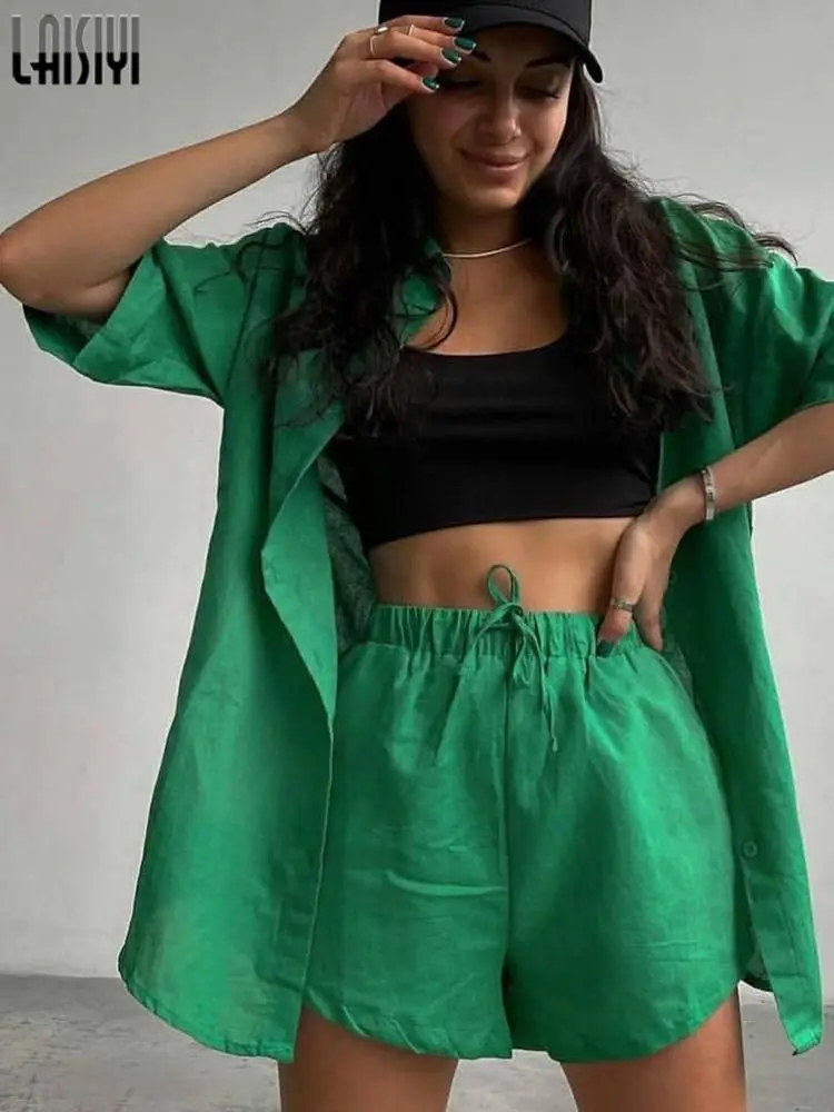 Blouse Shorts Sets Two Pieces Oversized Blouse Tracksuit Lounge Wear Outfits Breathable Shirts Shorts Green 2022 New Summer Suit
Blouse Shorts Sets Two Pieces Oversized Blouse Tracksuit Lounge Wear Outfits Breathable Shirts Shorts Green 2022 New Summer Suit