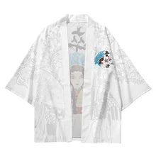 White Chinese Men Kimono Print Beijing Opera Figures 3/4 Sleeve Robe Set Casual Loungewear Pajamas Pant Large Size Home Bathrobe