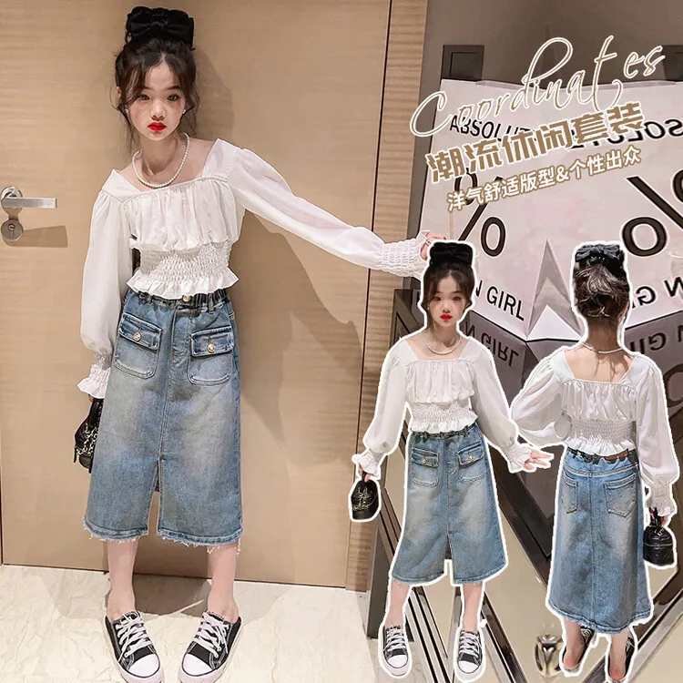 Блузка с длинным рукавом и джинсовая юбка для девочек, весна-осень 2023
Блузка с длинным рукавом и джинсовая юбка для девочек, весна-осень 2023