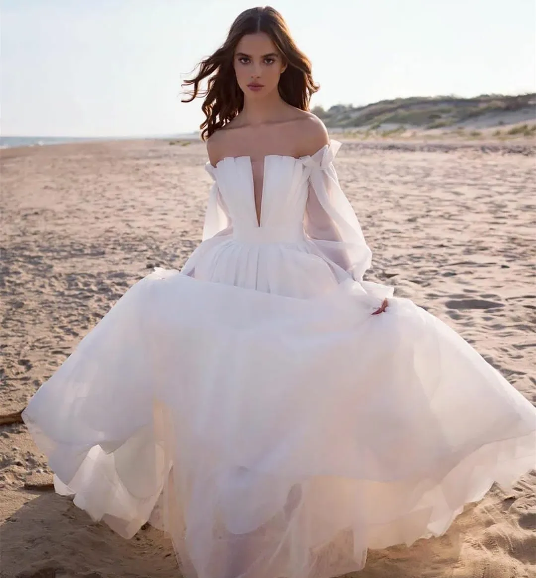 Elegant Long Sleeve Ivory Wedding Dresses A-Line Tulle Zipper Back Sweep Train Brautkleider Robes de Soirée for Women
Elegant Long Sleeve Ivory Wedding Dresses A-Line Tulle Zipper Back Sweep Train Brautkleider Robes de Soirée for Women