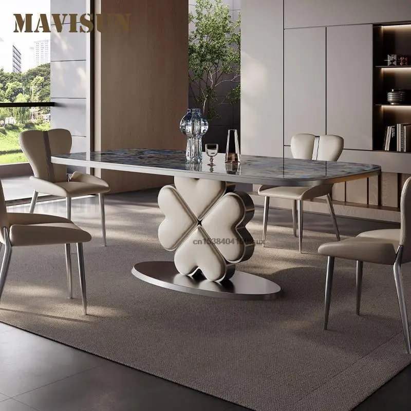 Small And Large Dinning Room Tables With Natural Blue Texture Marble Slab Countertop Four-Leaf Clover Base Stable Kitchen Table
Small And Large Dinning Room Tables With Natural Blue Texture Marble Slab Countertop Four-Leaf Clover Base Stable Kitchen Table