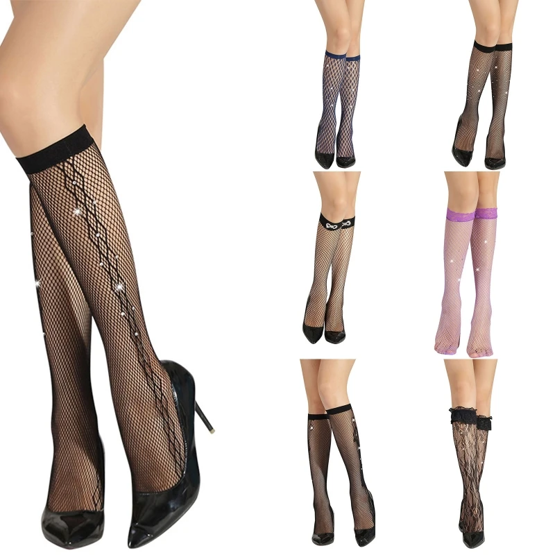 

Women Sexy Fishnet Knee High Socks Shiny Shimmer Rhinestone Decor Hollow Out Mesh Ruffled Lace Trim Long Tube Stockings T8NB