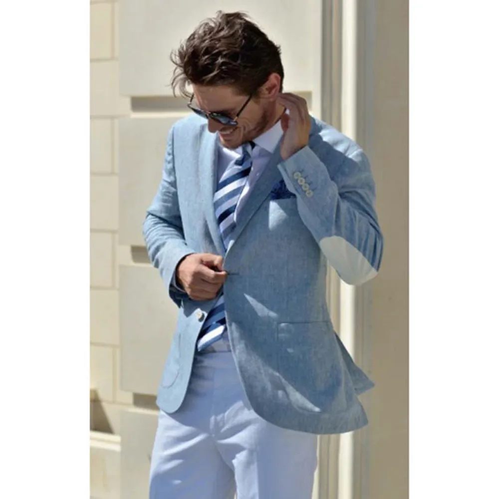

Latest Elbow Patched Linen Blazer with White Pants Groom Tuxedo Beach Wedding Men Suits 2 Pcs Casual Groomsman Terno Masculino