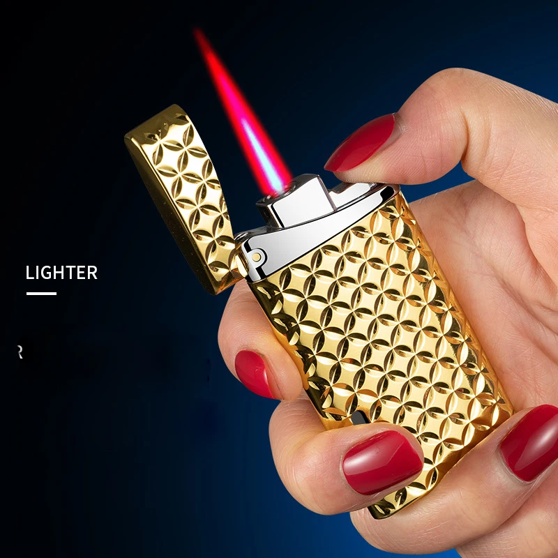 

Novel Retro Butane Gas Cool Lighters Red Flame Electroplating Gadgets For Men Metal Windproof Unusual Cigarette Smoking Lighter