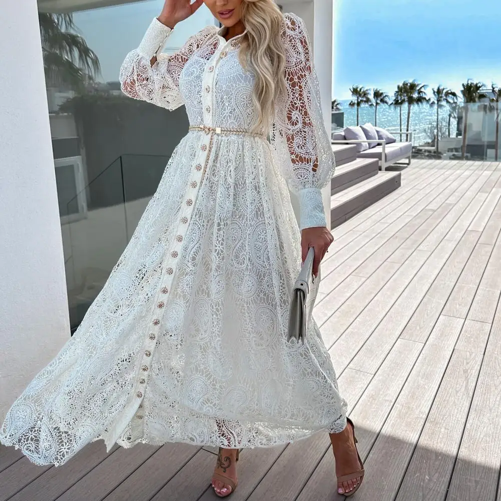 Single-breasted Button Dress Chic Embroidered Lace Maxi Dresses for Women for Autumn Holidays with Long Sleeves Lapel Collars
Single-breasted Button Dress Chic Embroidered Lace Maxi Dresses for Women for Autumn Holidays with Long Sleeves Lapel Collars