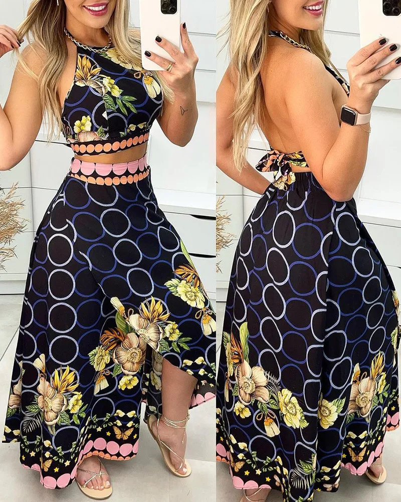 Women Spring Summer 2pcs Clothes Suit Dot Circle Flower Printed Sleeveless Camis Tanks Top High Waist Long Maxi Skirt
Women Spring Summer 2pcs Clothes Suit Dot Circle Flower Printed Sleeveless Camis Tanks Top High Waist Long Maxi Skirt