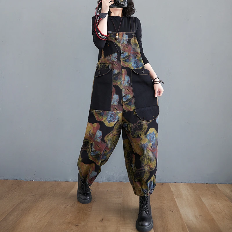 

2022 New Arrival Spring Autumn Women Loose Casual Vintga Print Ankle-length Pants Cotton Denim Patchwork Overalls Jeans