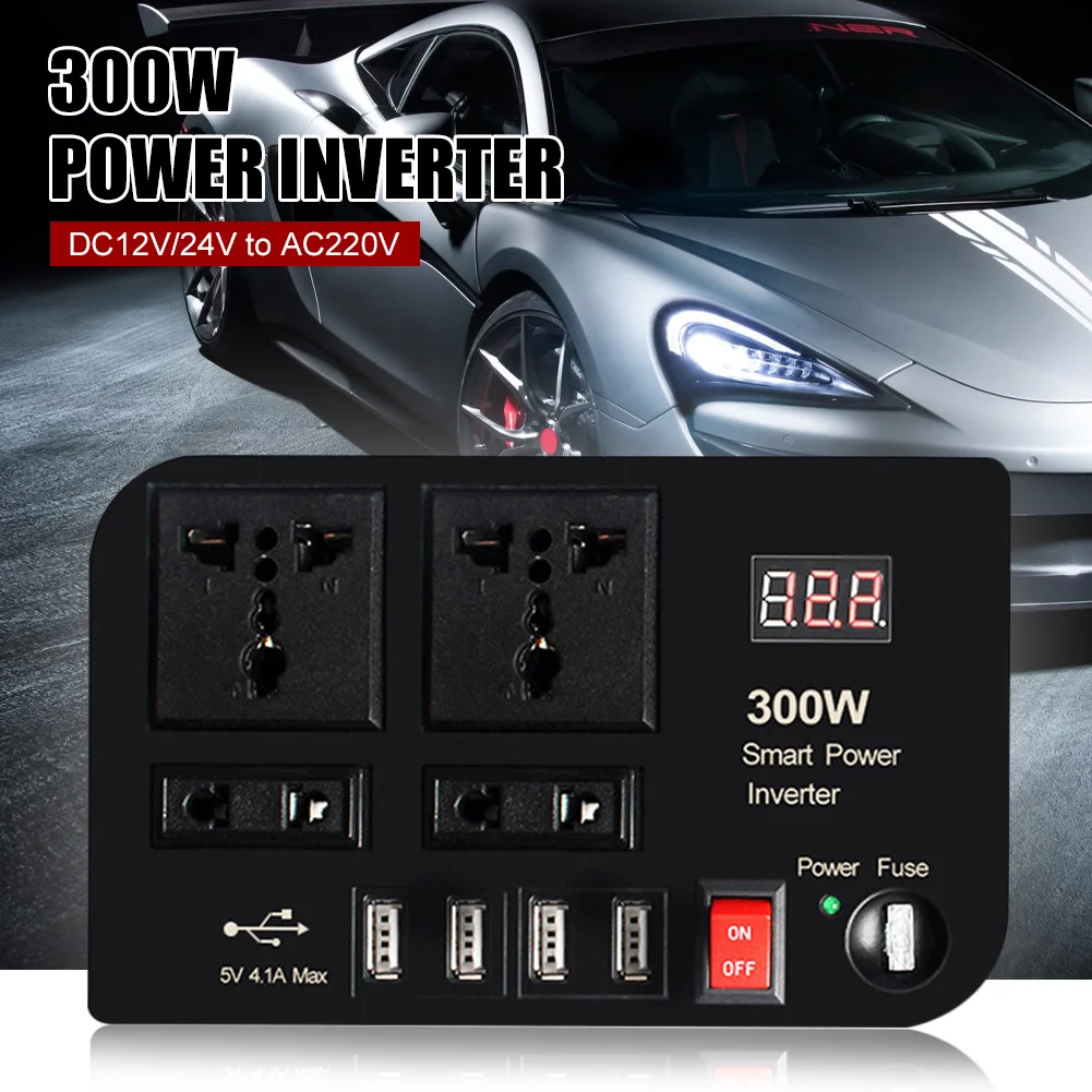 300W Power Inverter DC 12V to AC 220V Car Charger Converter 4 Outlets with 4.1A 4 USB Ports Fast Charging Sine Wave Inverter
300W Power Inverter DC 12V to AC 220V Car Charger Converter 4 Outlets with 4.1A 4 USB Ports Fast Charging Sine Wave Inverter
