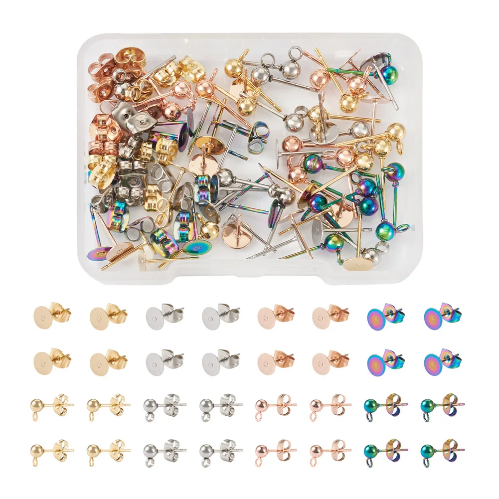 

80Set Stainless Steel Stud Earrings Mix Color Ball & Flat Round Post with Ear Nuts for DIY Hypoallergenic Earring Jewelry Making