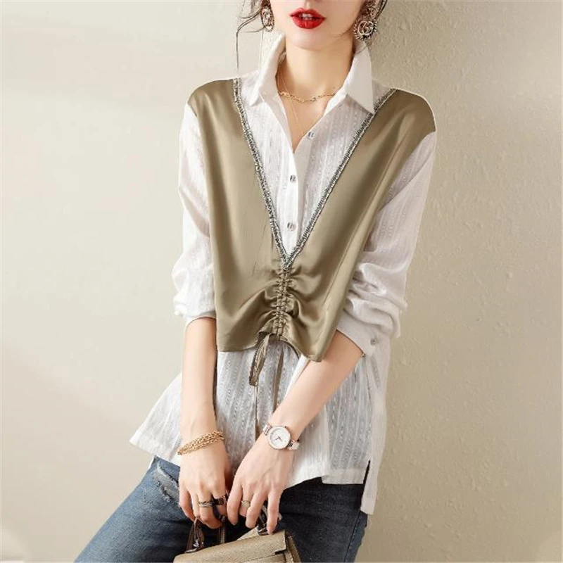 Women's Korean Patchwork Fake Two Pieces Shirts Spring Autumn Trendy Loose Chic Blouse Simple Casual Drawstring Long Sleeve Tops
Women's Korean Patchwork Fake Two Pieces Shirts Spring Autumn Trendy Loose Chic Blouse Simple Casual Drawstring Long Sleeve Tops