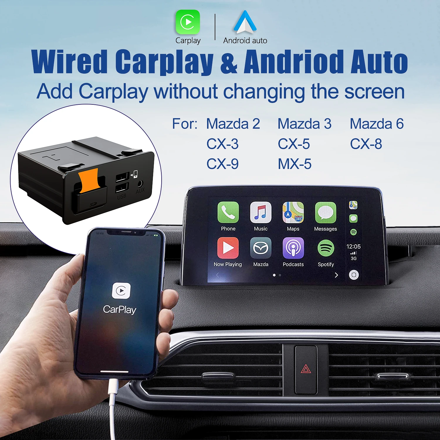 

Mazda Carplay and Android Auto Retrofit Kit, TK78-66-9U0C OEM Hub for Mazda 2/3/6/CX3/CX5/CX9/MX5 2014-2021 Year(2023 UPGRADED)