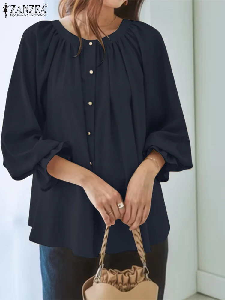 

2023 ZANZEA Женская однотонная Праздничная блузка с длинными рукавами и круглым вырезом, модные весенние топы с оборками, Женская рабочая рубашка, блузы на пуговицах