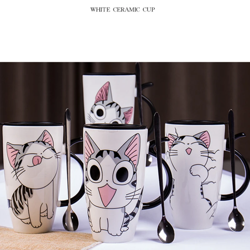 

600ml Cute Cat Ceramics Coffee Mug With Lid Spoon Large Capacity Mugs Creative Drinkware Coffee Tea Cups Novelty Gifts Milk Cup