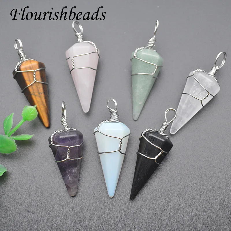 Wholesale 18x40mm Natural Stone Tourmaline Amethyst Crystal Hexagonal Cone Metal Winding Luck Pendants for DIY Necklace
Wholesale 18x40mm Natural Stone Tourmaline Amethyst Crystal Hexagonal Cone Metal Winding Luck Pendants for DIY Necklace