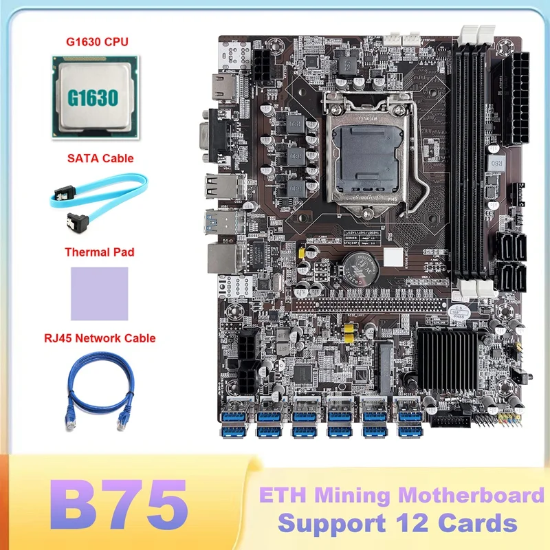 B75 ETH Mining Motherboard 12 PCIE To USB LGA1155 Motherboard With G1630 CPU+SATA Cable+RJ45 Network Cable+Thermal Pad
B75 ETH Mining Motherboard 12 PCIE To USB LGA1155 Motherboard With G1630 CPU+SATA Cable+RJ45 Network Cable+Thermal Pad