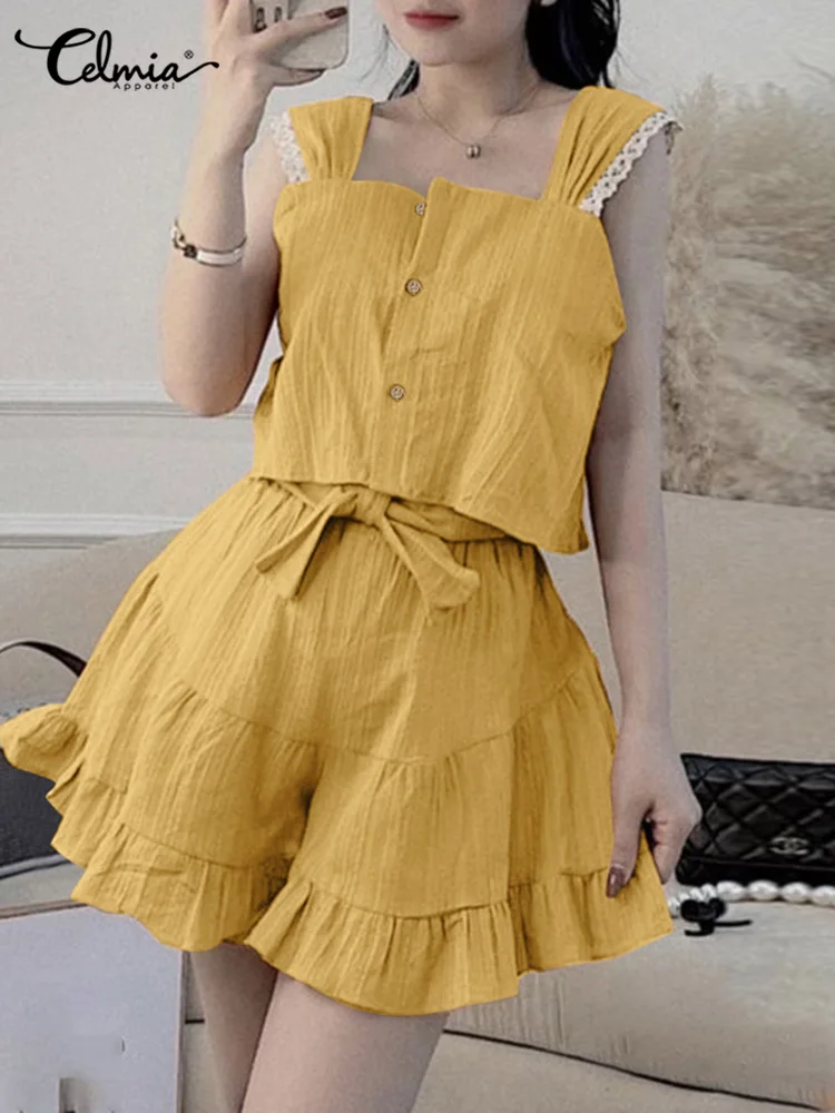 2022 Celmia Summer Women Short Sets Sleeveless Crop Tops Elastic Wasit Pleated Pant Suits Elegant Ruffled Casual Party 2pcs Sets
2022 Celmia Summer Women Short Sets Sleeveless Crop Tops Elastic Wasit Pleated Pant Suits Elegant Ruffled Casual Party 2pcs Sets