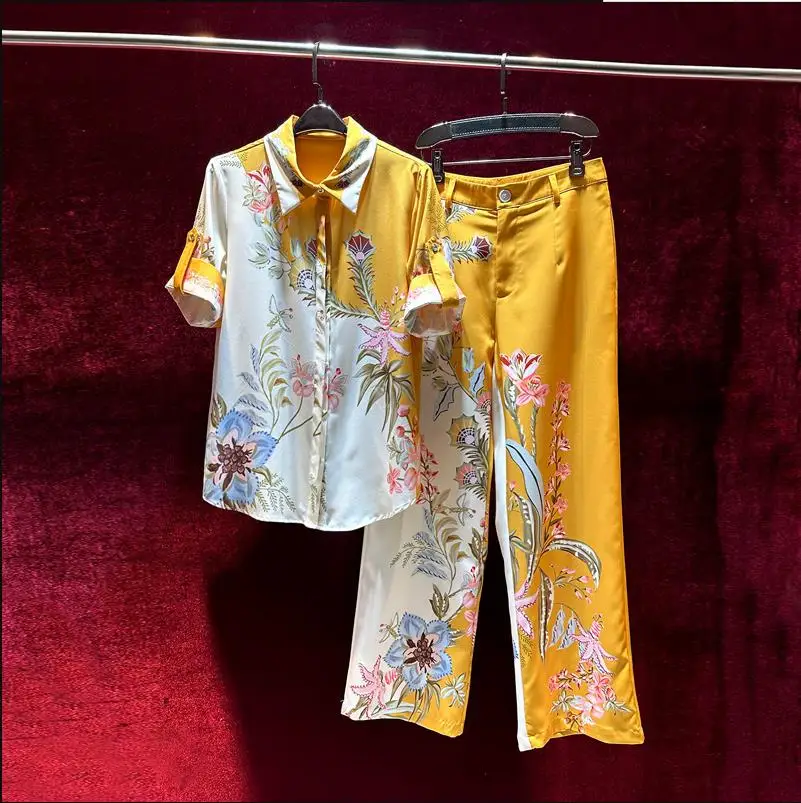 Женское платье в европейском и американском стиле, Новинка лета 2023, стильная рубашка с короткими рукавами и отложным воротником, подходящий цвет, костюм с принтом и широкими штанинами 
Женское платье в европейском и американском стиле, Новинка лета 2023, стильная рубашка с короткими рукавами и отложным воротником, подходящий цвет, костюм с принтом и широкими штанинами