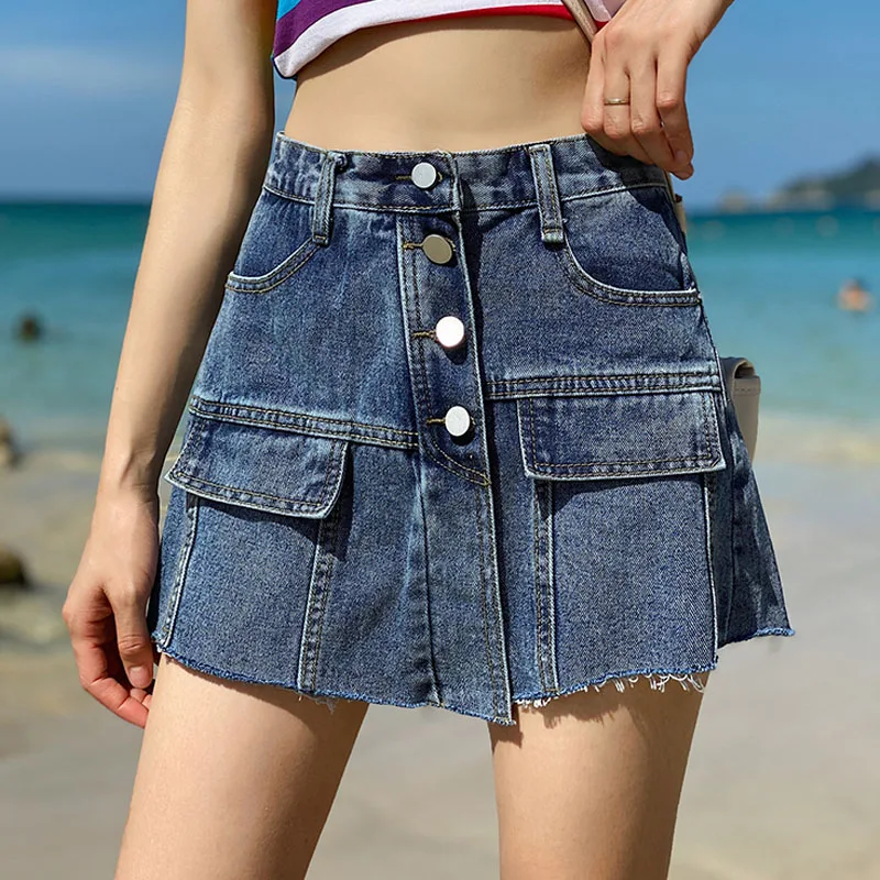 Korean Women Loose All-match Summer Casual Patchwork A-line Denim Skirts Black Blue Pockets Single-breasted Mini Skirt Faldas
Korean Women Loose All-match Summer Casual Patchwork A-line Denim Skirts Black Blue Pockets Single-breasted Mini Skirt Faldas