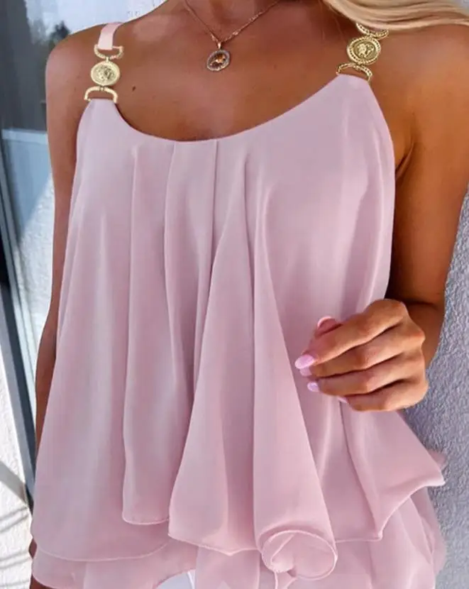 Women Fashion Sweet Vest European & American Women's Casual Clothing Pink T-Shirt Summer Ruffle Hem Flowy Metal Strap Tank Top
Women Fashion Sweet Vest European & American Women's Casual Clothing Pink T-Shirt Summer Ruffle Hem Flowy Metal Strap Tank Top