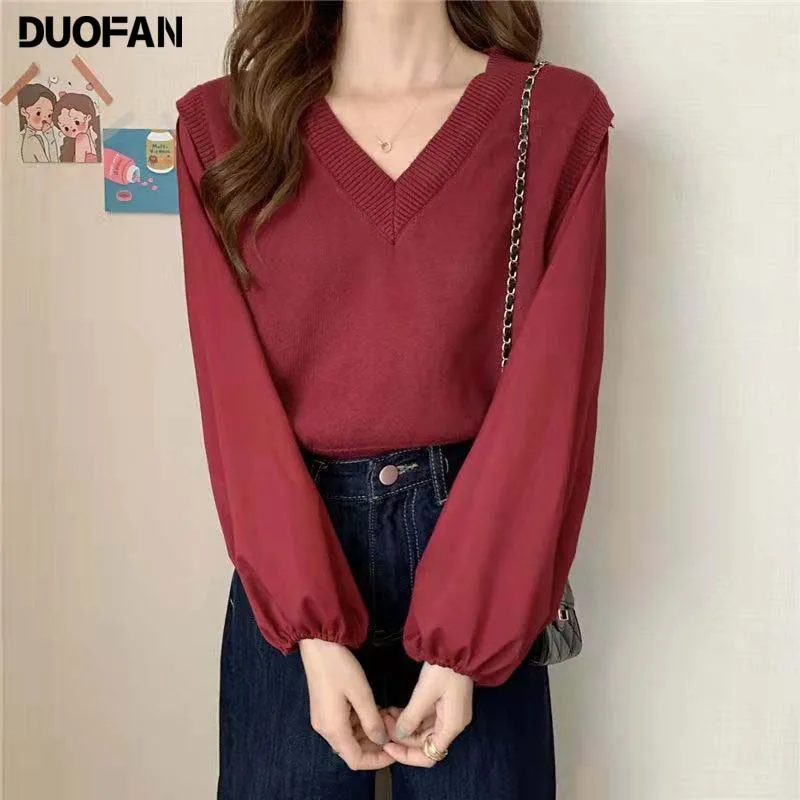 DUOFAN Women Solid V-neck Sweaters Korean Stitching Chiffon Sleeves Long Sleeves Ladies Pullovers Spring Knitted Tops
DUOFAN Women Solid V-neck Sweaters Korean Stitching Chiffon Sleeves Long Sleeves Ladies Pullovers Spring Knitted Tops