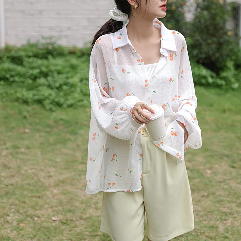 Summer Lightweight Blouse Long Sleeve 2023 Printed Floral Transparent Tops Shirts Turn Down Collar Buttons Shorts Girls 
Summer Lightweight Blouse Long Sleeve 2023 Printed Floral Transparent Tops Shirts Turn Down Collar Buttons Shorts Girls