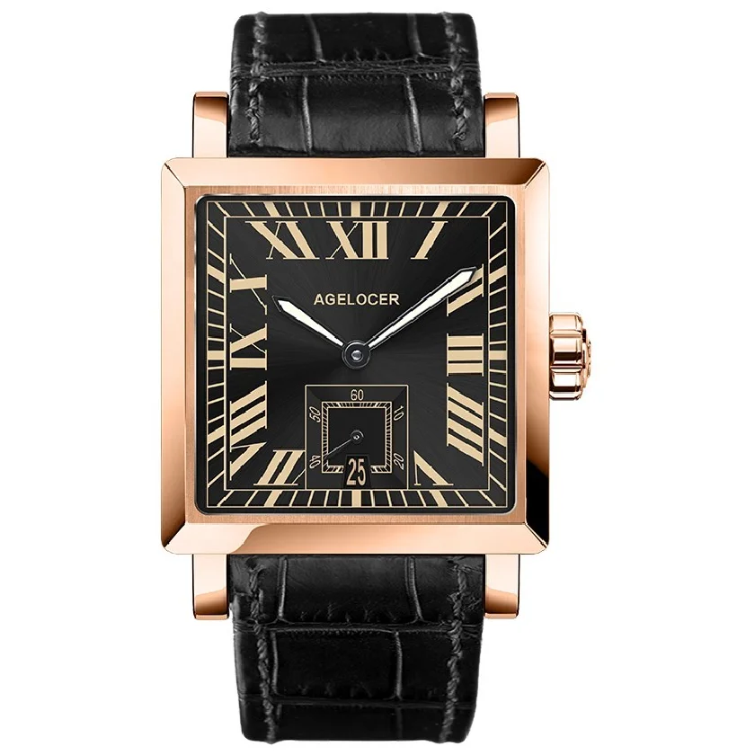 

Agelocer Golden Case Luxury Business Automatic watch Roman Numerals Display Mechanical Black Men 100% Leather Waterproof 50m