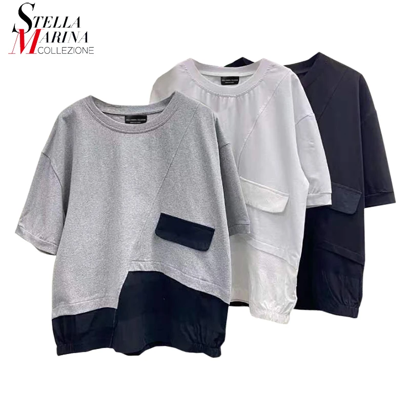 Round Neck Short-Sleeve Black Gray Woman Summer Casual Tee Top Fake Pocket Unique Loose Fit Big Size T-shit T Shirt Style NF025
Round Neck Short-Sleeve Black Gray Woman Summer Casual Tee Top Fake Pocket Unique Loose Fit Big Size T-shit T Shirt Style NF025