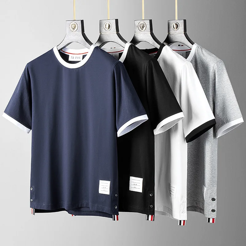 

2023 Thom Men's T-shirt Cotton Solid Color Stripe Breathable Men Causal O-neck Basic Tshirt Male High Quality TB Luxury Tops