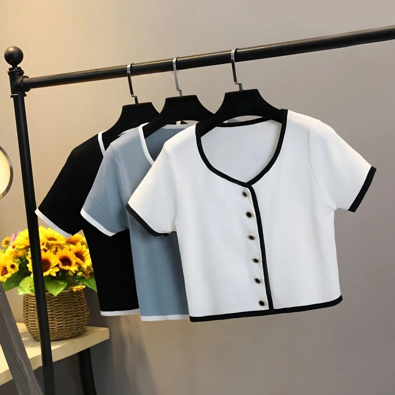 Ice Silk 2023 Vintage Striped Knitted Lady Tees Short Sleeve Button Women V Neck Casual Loose Pullovers Female Elegant Tops P120
Ice Silk 2023 Vintage Striped Knitted Lady Tees Short Sleeve Button Women V Neck Casual Loose Pullovers Female Elegant Tops P120