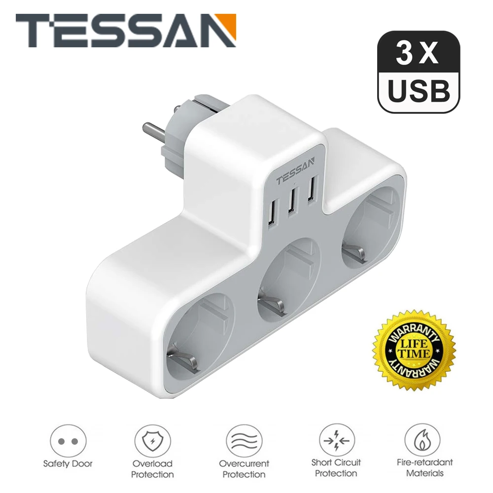 TESSAN Europe Multiple Plug Power Strip with 3 AC Outlets and 3 USB Ports, EU Plug Wall Socket Extension Charger Adapter
TESSAN Europe Multiple Plug Power Strip with 3 AC Outlets and 3 USB Ports, EU Plug Wall Socket Extension Charger Adapter