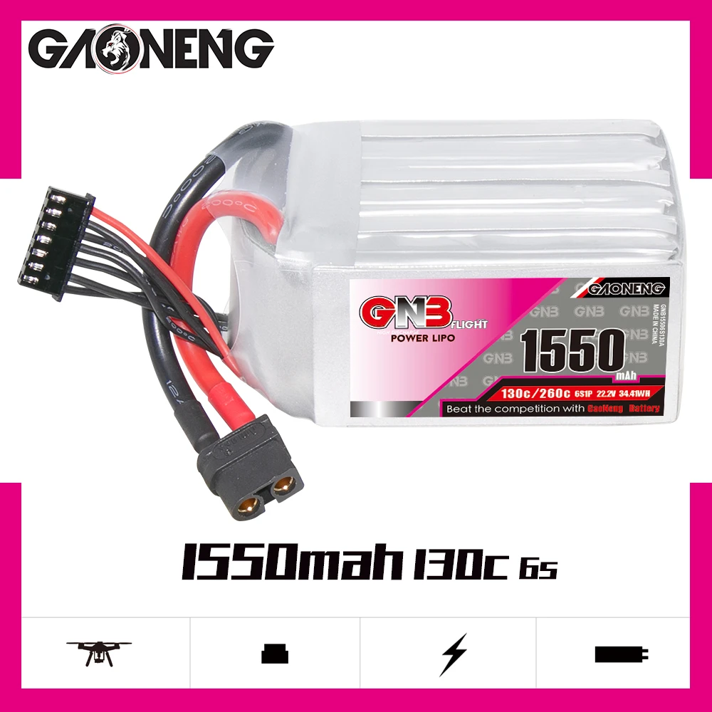 

Gaoneng GNB 6S1P 1550mAh 22.2V 130C/260C Lipo Battery With XT60 Plug For FPV Racing Drone RC Quadcopter Helicopter Car Parts
