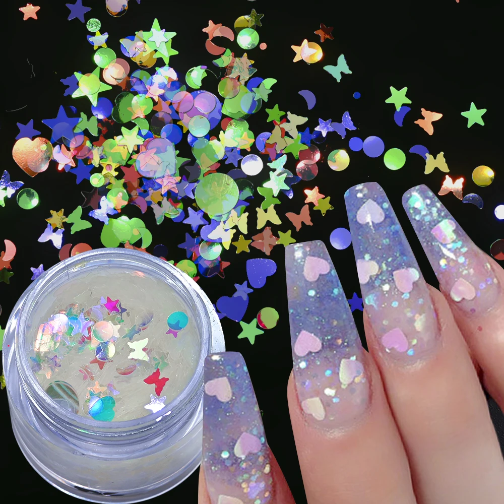 

1 Box Holographic Nail Glitter Butterfly Star Round Heart Flake Mirror Sequins Gradient Mermaid Ultra Thin Slice Decoration