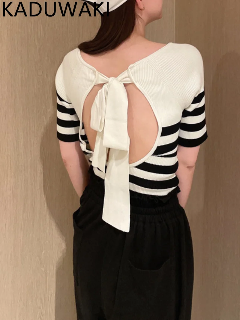 Japanese Simple Striped Solid Shirts Square Collar Backless Bow Lace Up Knit Tops Women Summer 2023 Short Sleeve Pullover Female
Japanese Simple Striped Solid Shirts Square Collar Backless Bow Lace Up Knit Tops Women Summer 2023 Short Sleeve Pullover Female