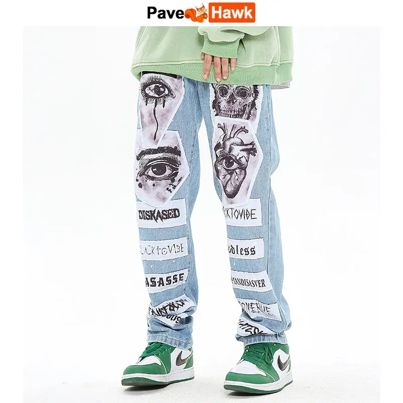 Retro Jeans Men Frayed Painted Skull Eyes Graffiti Patchwork Pants Male Straight Streetwear Baggy Casual Harajuku Denim Trousers
Retro Jeans Men Frayed Painted Skull Eyes Graffiti Patchwork Pants Male Straight Streetwear Baggy Casual Harajuku Denim Trousers