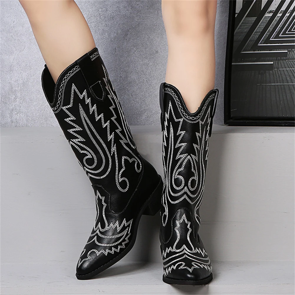 Women Western Cowboy Boots Fashion Pointed Toe Ethnic Mid Boots Black Leather Embroidered Retro Boots 35-43 Sizes Women's Shoes 
Women Western Cowboy Boots Fashion Pointed Toe Ethnic Mid Boots Black Leather Embroidered Retro Boots 35-43 Sizes Women's Shoes