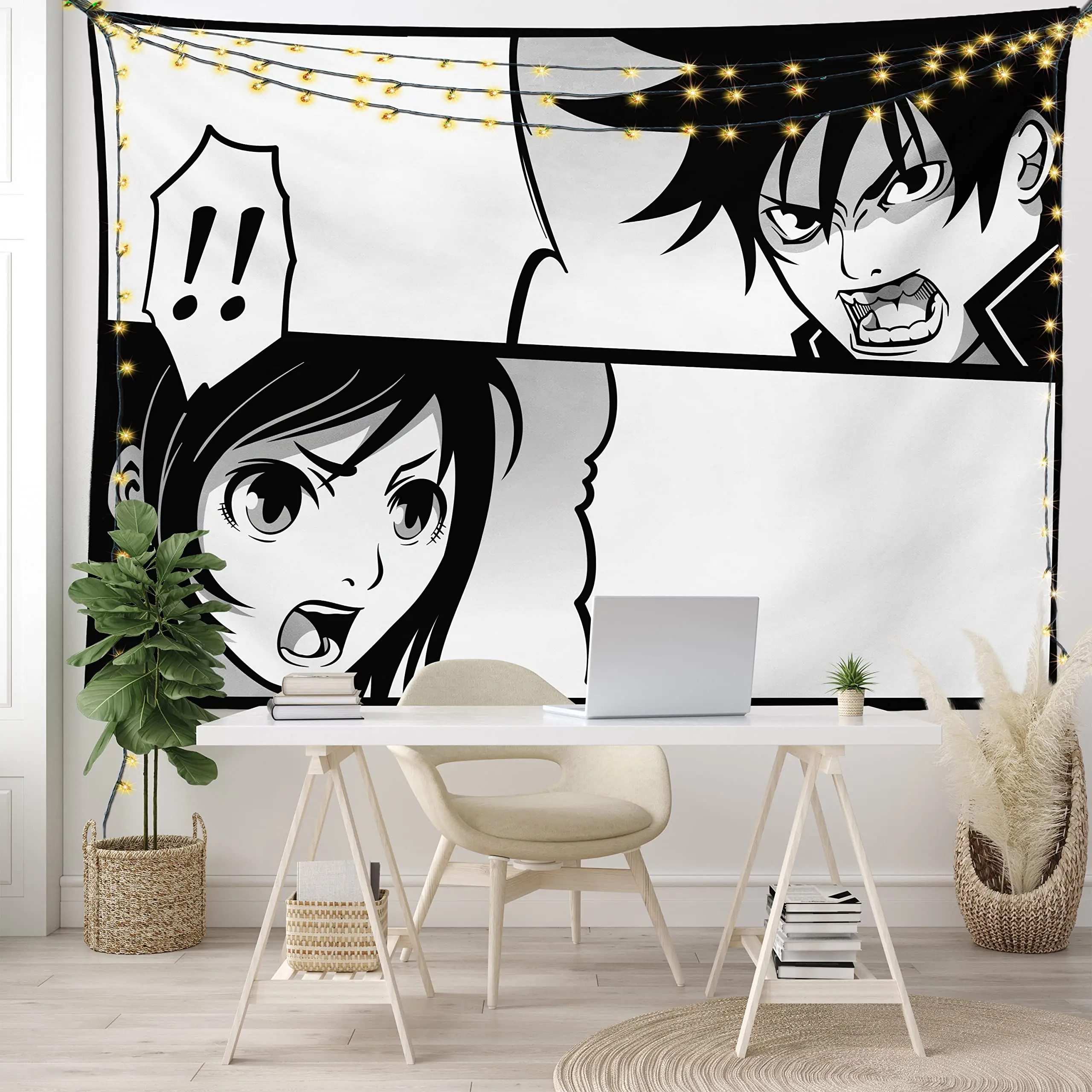 

Anime Tapestry,Japanese Comics Strip Boy and Girl Fight Scene Manga Image Cartoon Print, Wide Wall Hanging for Bedroom 80X60