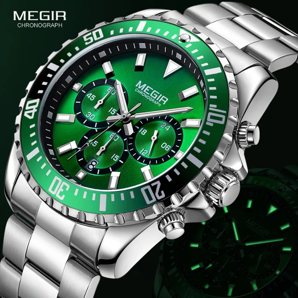 

MEGIR Men's Chronograph Quartz Watches Stainless Steel Waterproof Lumious Analogue 24-hour Wristwatch for Man Green Dial 2064G-9