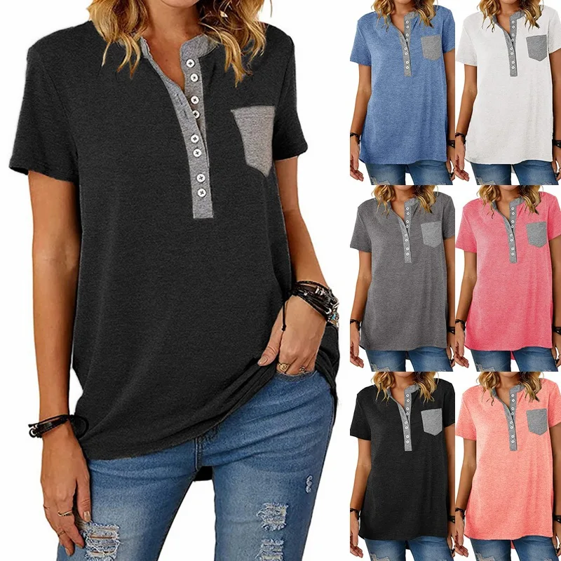 2022 spring and summer new solid color V-neck stitching pocket short-sleeved t-shirt women
2022 spring and summer new solid color V-neck stitching pocket short-sleeved t-shirt women