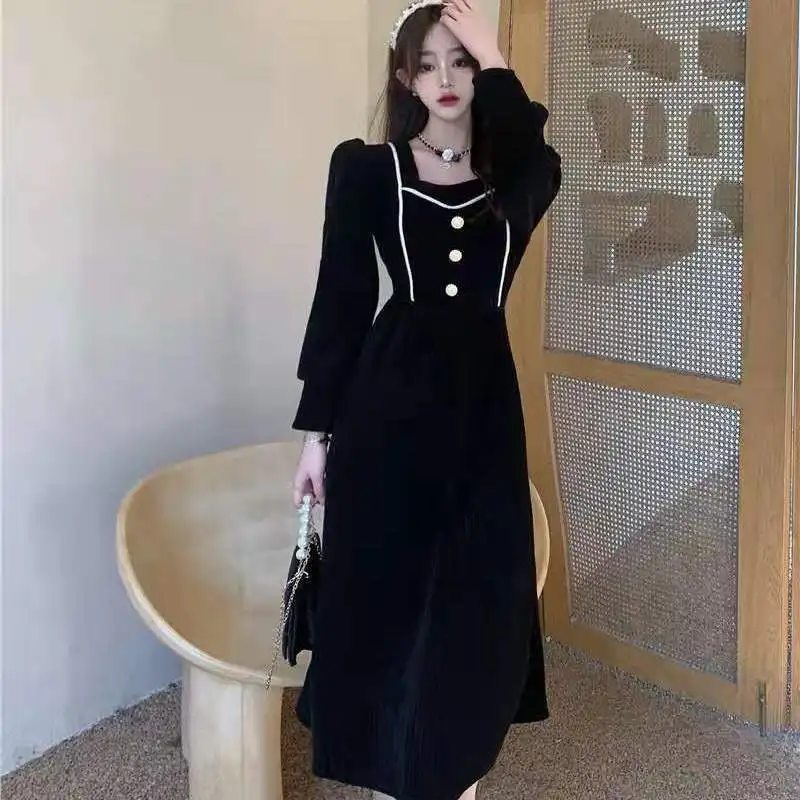 

Женское вельветовое платье, элегантное однотонное платье с квадратным вырезом и длинным рукавом, модель X13 в Корейском стиле на осень и зиму, 2023