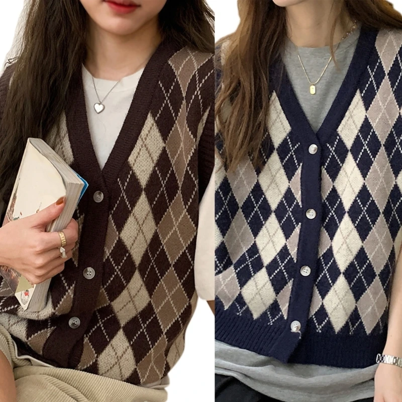 

College Style Sweater Vest Women Autumn Sleeveless V-Neck Knitted Argyle Plaid Button Up Casual Loose Knitwear Waistcoat