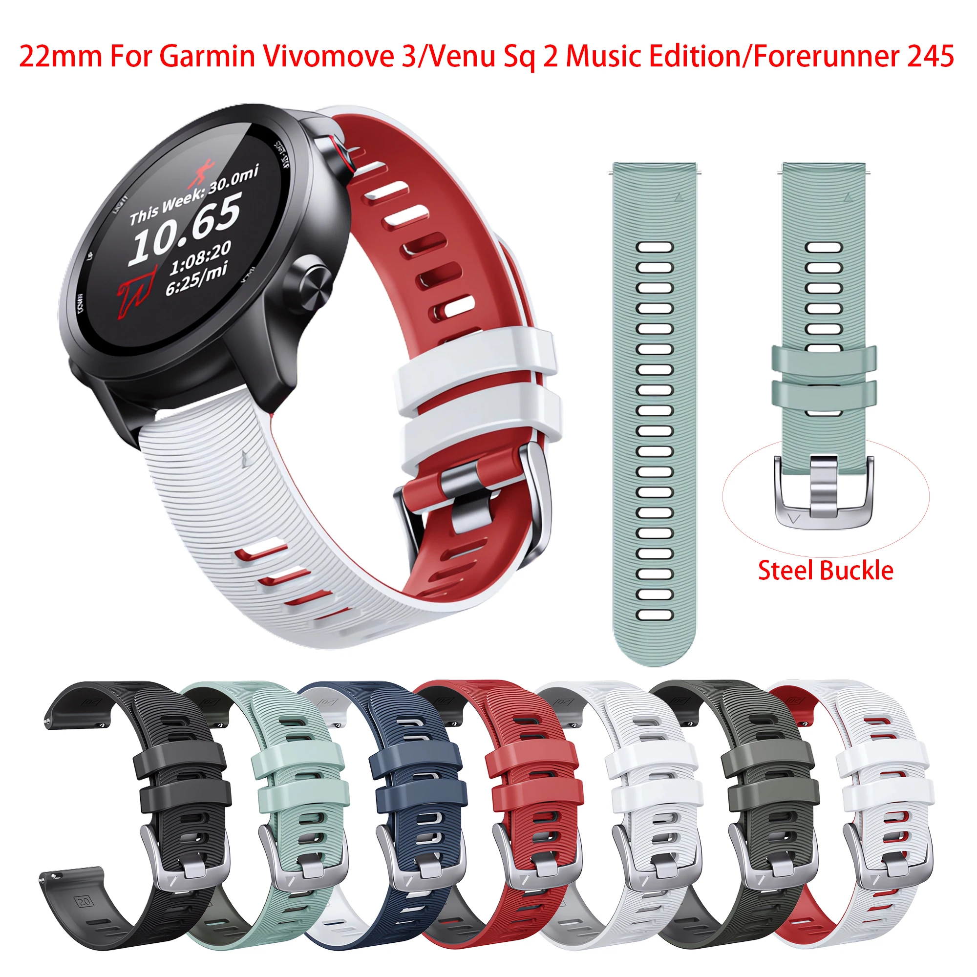 

ANBEST 20MM Silicone Watch Band for Garmin Vivomove 3/Venu Sq 2 Music Edition/Forerunner 55/158/245/265 Music Wristband Bracelet