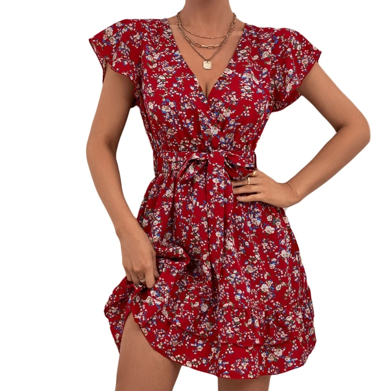 Women Short Sleeve Sexy Wrap V-Neck Mini Swing Dress Boho Floral Print Belted High Waist Tiered Ruffles Hem Sundress
Women Short Sleeve Sexy Wrap V-Neck Mini Swing Dress Boho Floral Print Belted High Waist Tiered Ruffles Hem Sundress