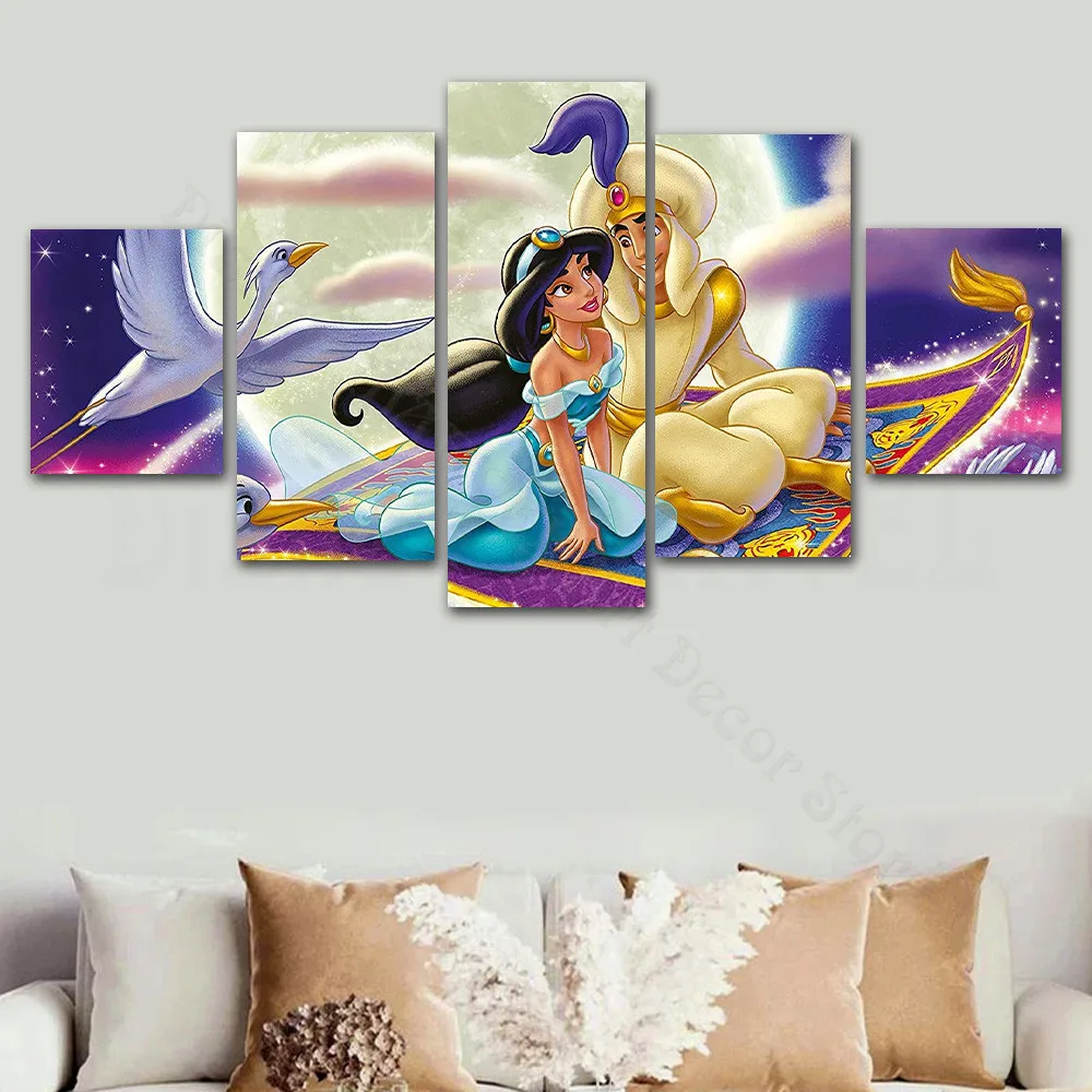 

Disney 5 Pannel Canvas Painting Wall Art Aladdin and Princess Jasmine Canvas Poster and HD Print Picture for Living Room Decor