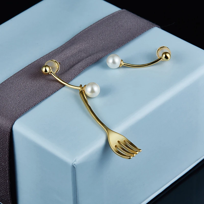 

Unique design fork earrings for women light luxury fashion asymmetric inlaid pearl ear studs 925 sterling silver jewelry