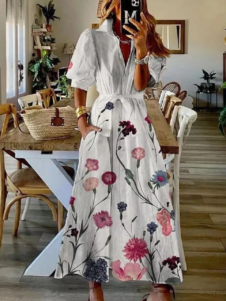 Vintage Floral Print Boho Summer Dress Women Elegant Turn-down Collar Long Shirt Dress Spring Puff Short Sleeve Slit Dress Mujer
Vintage Floral Print Boho Summer Dress Women Elegant Turn-down Collar Long Shirt Dress Spring Puff Short Sleeve Slit Dress Mujer