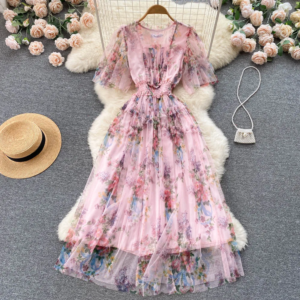 

Summer 2022 New Fashion Women Square Collar Pink French A-line Dress Seaside Beach Holiday Short Sleeve Elegant Vestidos F155