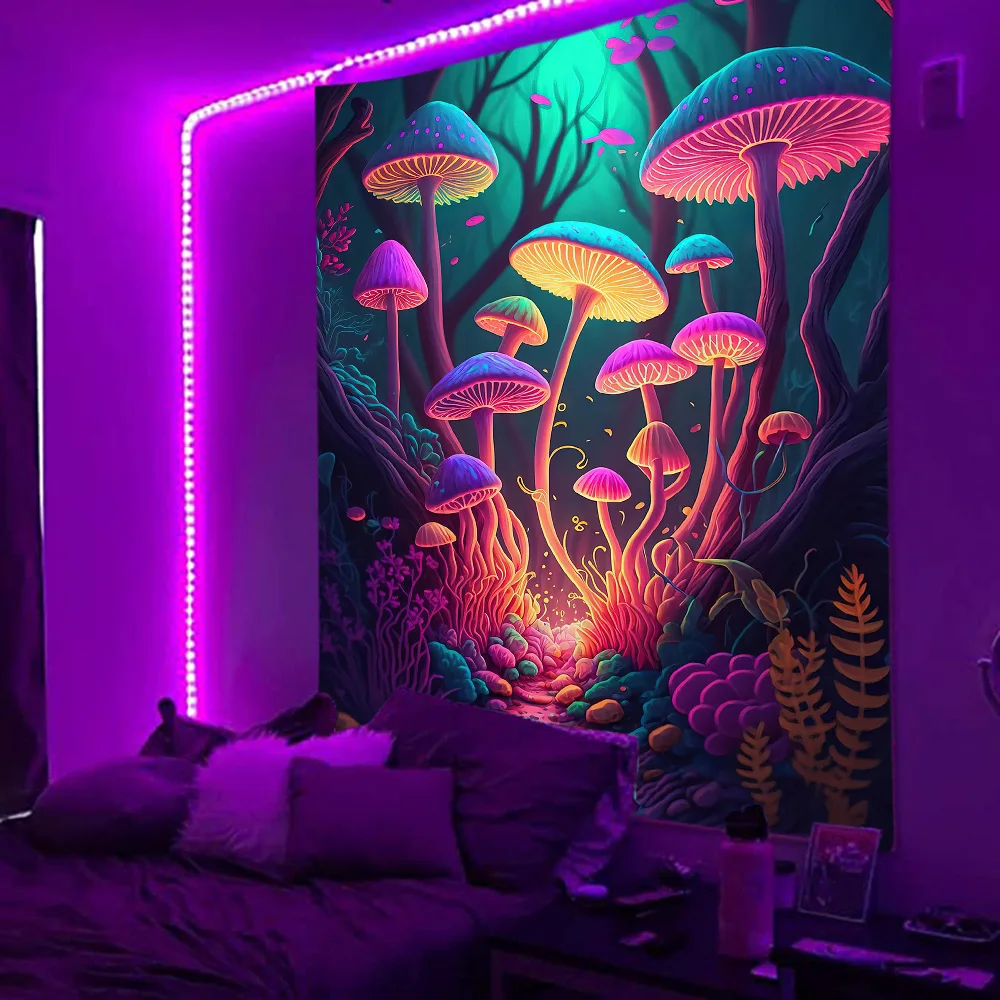 

Black Light Psychedelic Mushroom Forest Tapestry UV Reactive Moon Tree Plants Aesthetic Tapestry Wall Hanging Room Home Decor